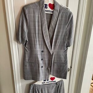 Vintage Gray Plaid Women’s Blazer and Skirt  Set
